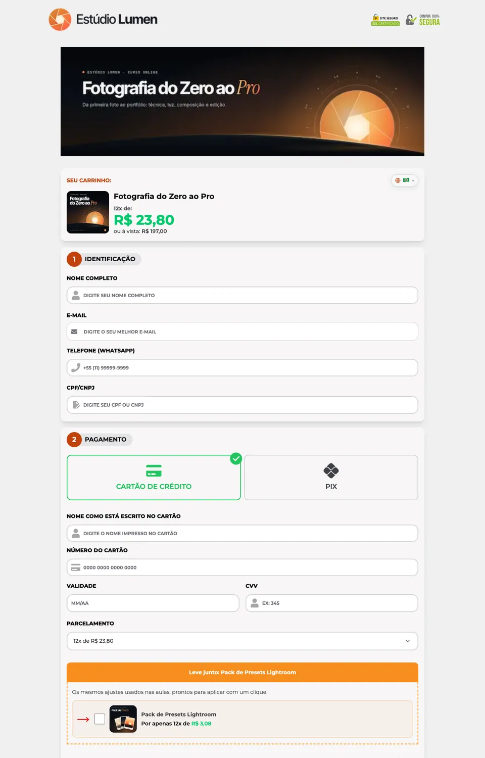 Checkout Classic no computador, com o produto de exemplo Fotografia do Zero ao Pro