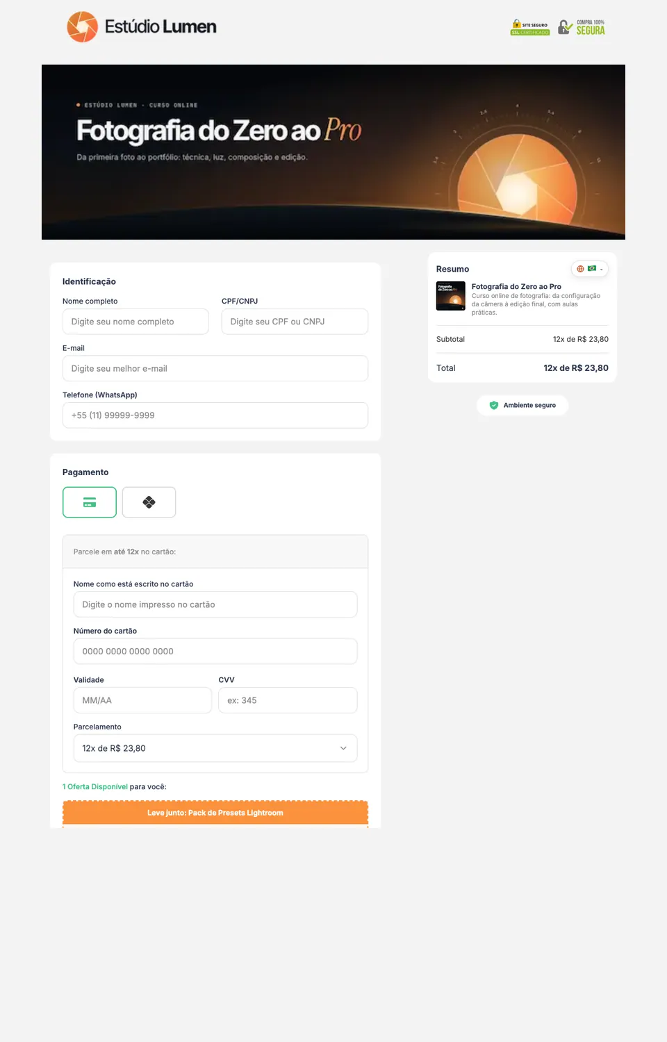 Checkout Nova no computador, com o produto de exemplo Fotografia do Zero ao Pro