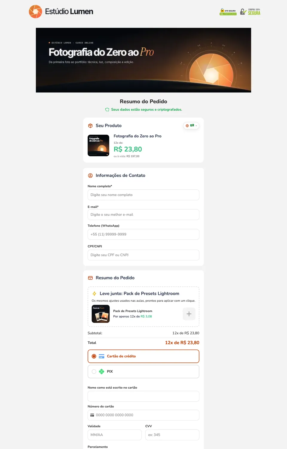 Checkout Solid no computador, com o produto de exemplo Fotografia do Zero ao Pro