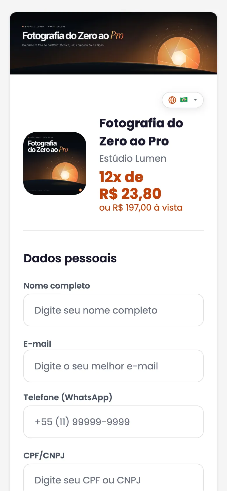 Checkout Vintage no celular, com o produto de exemplo Fotografia do Zero ao Pro